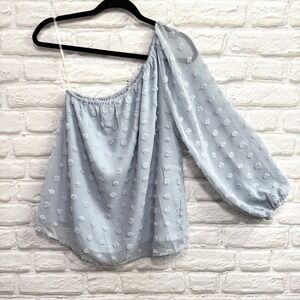 Entro Woman's Ruched Asymmetric One Shoulder Blouse Chiffon Swiss Dot Whimsical